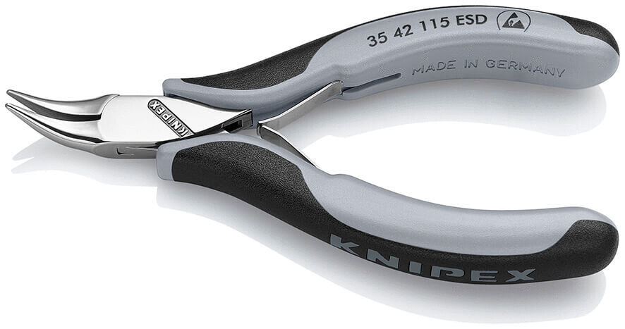 The image shows a pair of pliers with padded, black and gray handles. The pliers have a fine, pointed edge and appear sturdy and precise. They are suitable for work in tight areas.