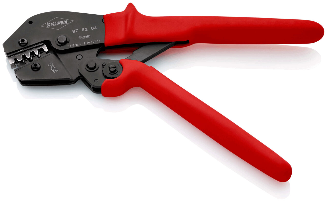 The image shows a black-red crimping tool. It has two red handles and a metallic head with various grooves and blades for connecting wires.