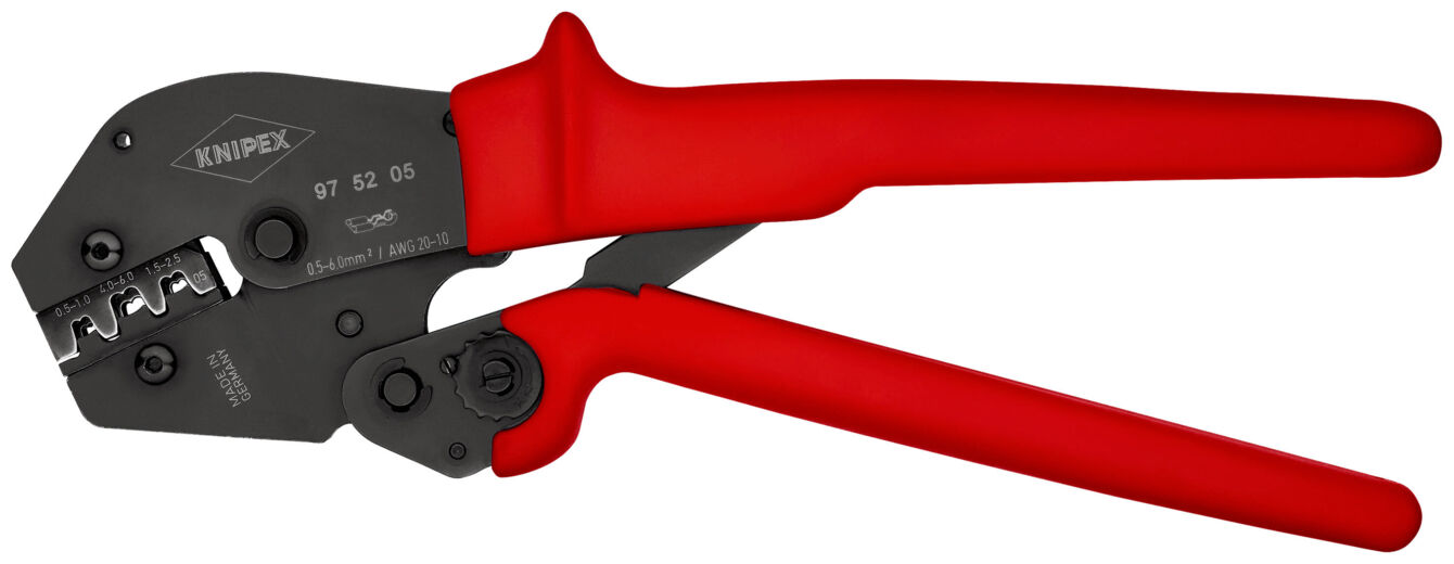 The image shows a cable crimper with red handles. The crimper has a narrow, black blade with several notches for crimping and cutting wires.