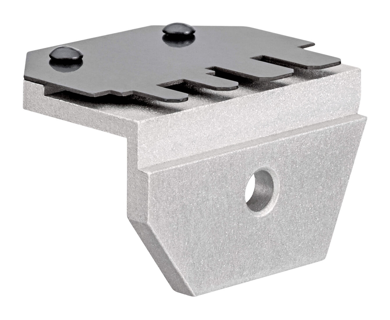 The image shows a metal mounting block. The top features a black, flat surface with two threaded screws. The underside is slightly inclined and has mounting holes.