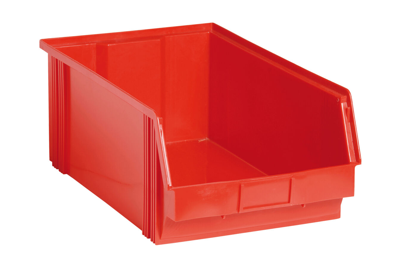 It is a red plastic box that is open and rectangular. The front side is lower, so that the contents can be easily removed. The walls are smooth and sturdy.