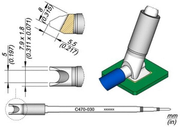 The image displays technical drawings of a device. It consists of a cylindrical body with a conical end. Dimensions are provided in millimeters, and a base plate is depicted.