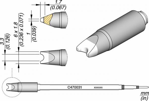 The image displays technical drawings of a pen with a broad tip and the corresponding dimensions. There are various views that illustrate the details of the tip and the casing.