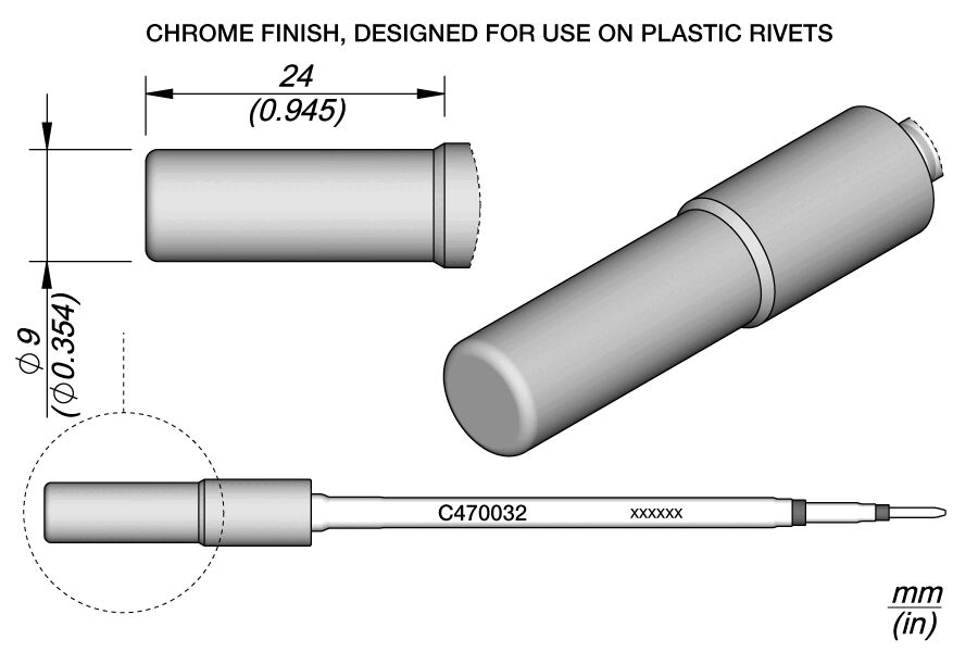 The image displays a technical drawing of a cylindrical tool with a chrome-plated surface. There are dimensions and a product number provided that describe the dimensions.