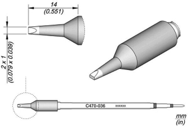 The image displays a technical drawing of a tool. It consists of a cylindrical body with a conical tip and is shown in profile as well as from above. Dimensions are provided.