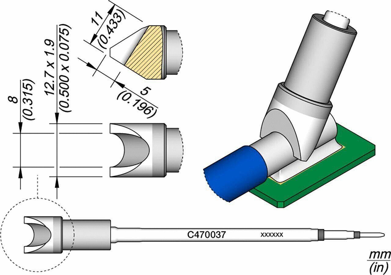 Das Bild zeigt eine technische Illustration eines Geräts mit einem zylindrischen Körper, einer spitz zulaufenden Spitze und einer blauen Kappe. Maße und Details sind grafisch dargestellt.