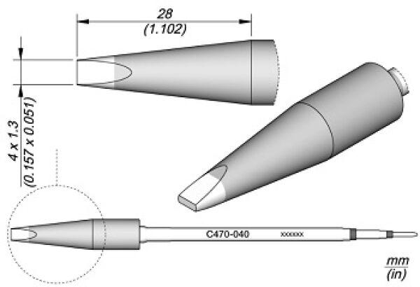 Das Bild zeigt technische Zeichnungen eines Objekts, vermutlich einer Spitze oder eines Aufsatzes. Die Maße sind in Millimetern angegeben, und die Perspektiven zeigen die Form und Details des Objekts.