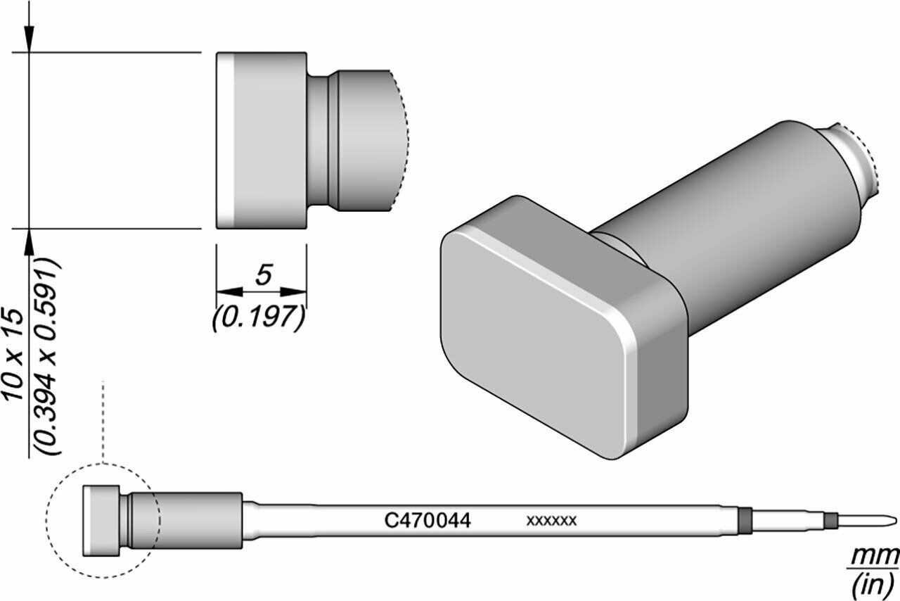 The image displays technical drawings of a cylindrical object with a rectangular head and a narrow connection, showing measurements and details.