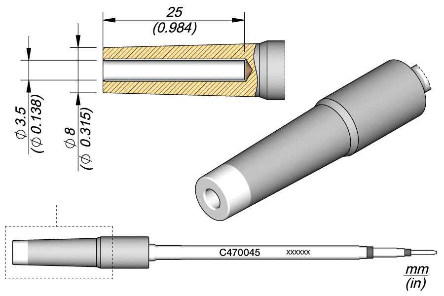 The image displays a technical drawing of a cylindrical object with various diameters. It includes dimensions in millimeters, a cross-sectional view, and the product number. The surface is smooth and metallic.