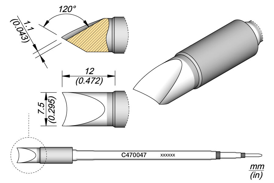 Das Bild zeigt technische Zeichnungen eines bestimmten Geräts, einschließlich der Vorderansicht, Seitenansicht und Maße. Die Spitze hat eine spezielle Form und ist in Millimetern dimensioniert.