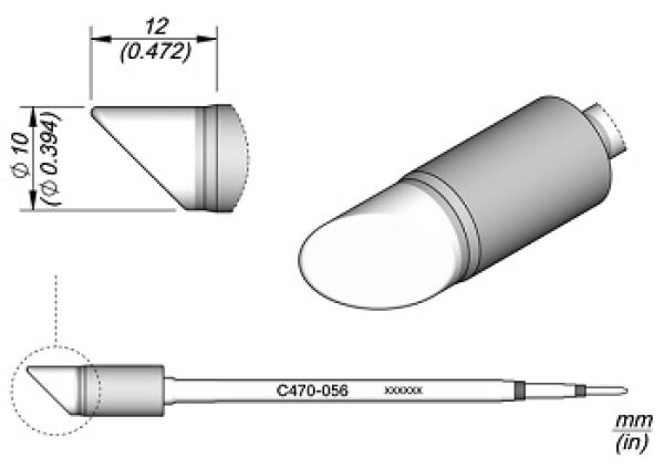 The image shows a technical drawing of a cylindrical object with a rounded tip. Dimensions in millimeters and a detailed view of the object are displayed.