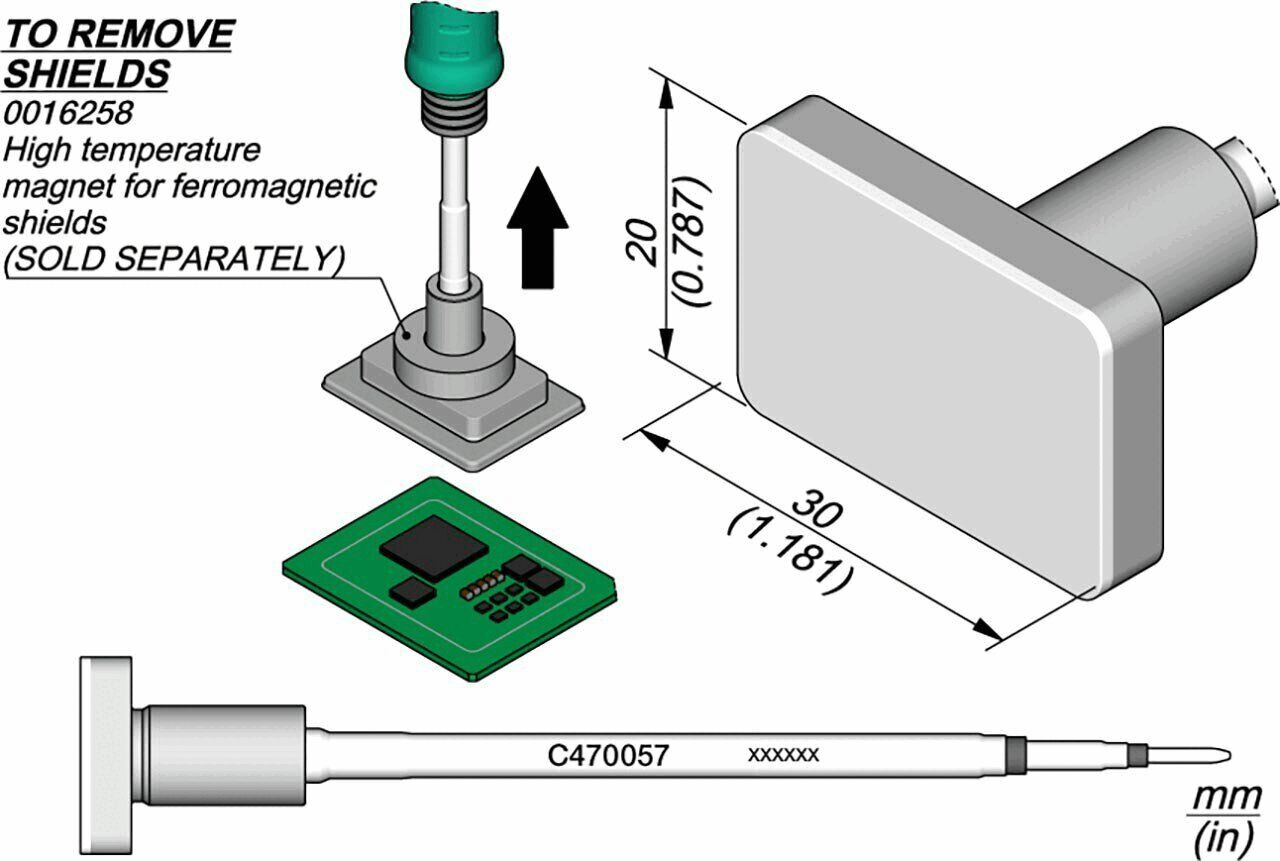 Das Bild zeigt technische Zeichnungen von Komponenten: ein Rechteck mit Maßen, ein grüner Magnet und ein PCB (Leiterplatte) mit Bauteilen. Darunter ein Kabel mit Anschluss.