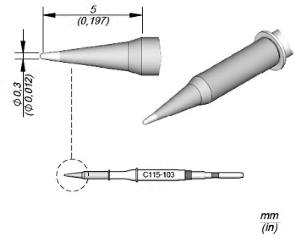 The image displays technical drawings of a conical object from various perspectives. It includes dimensions in mm and a label (C115-103) on the side.