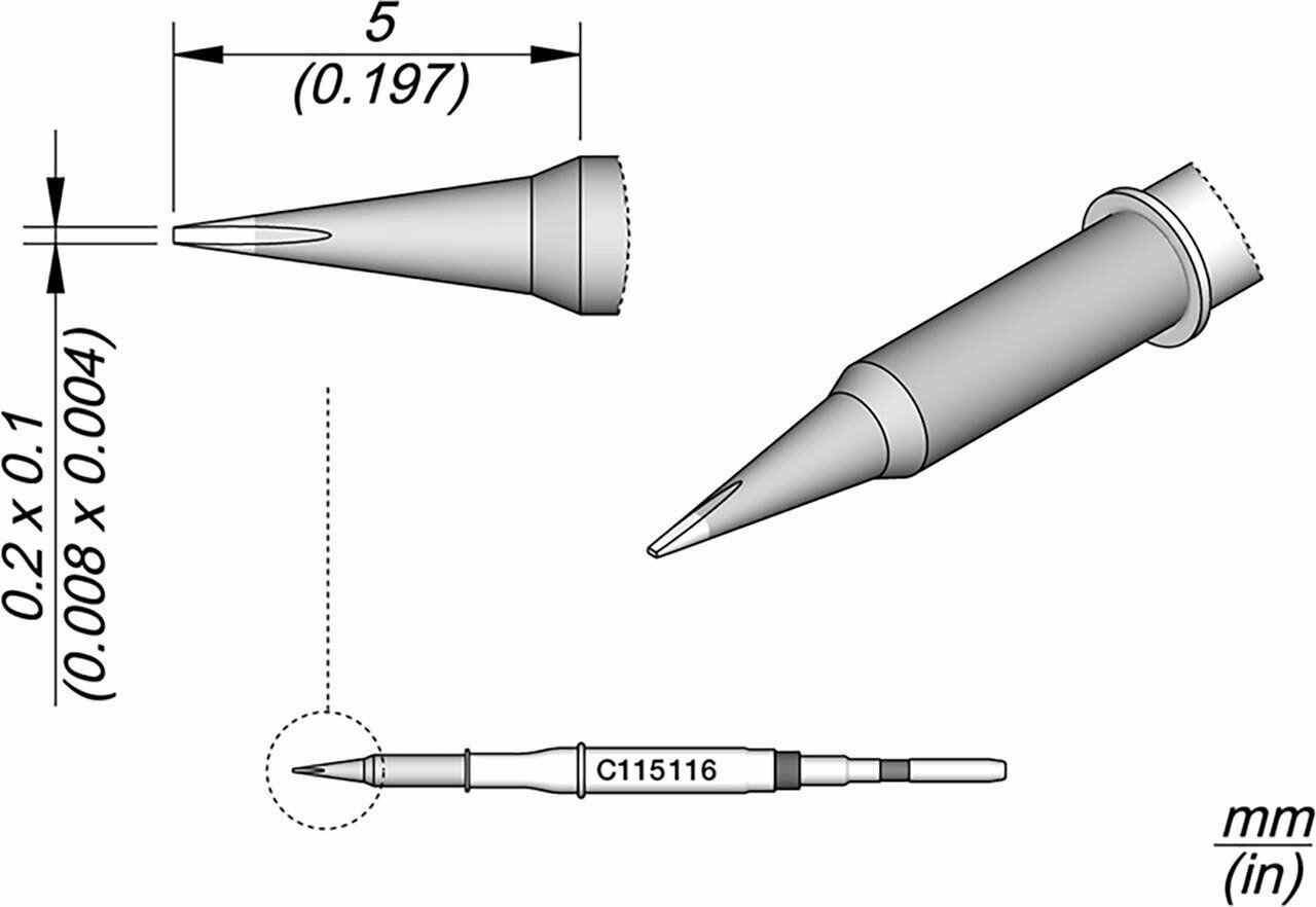 The image shows a technical drawing of a pointed object with dimensions. There are three views: a side view, a top view, and a plan view with detailed measurements.