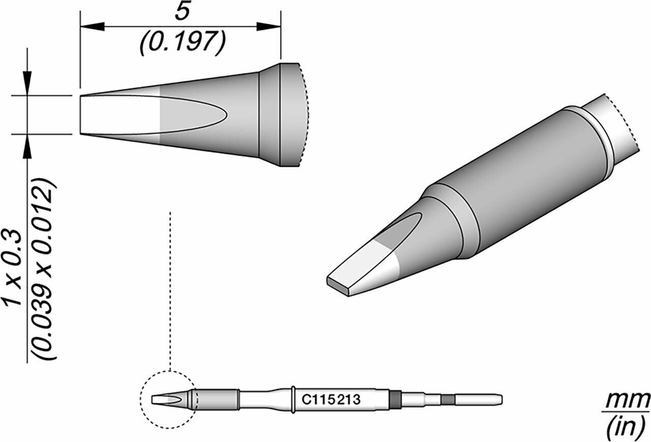 The image displays technical drawings of a tool attachment. It includes side and top views, with dimensions in millimeters and inches. The attachment has a pointed shape.