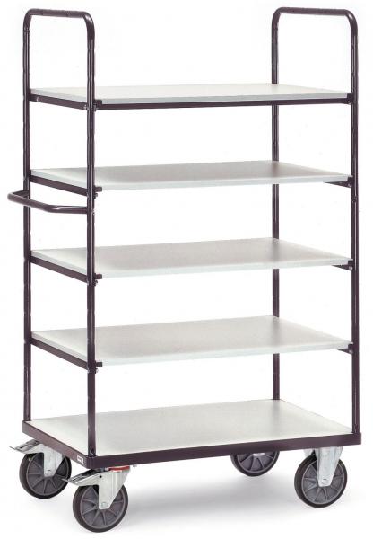 The image displays a shelving cart on wheels. It features five horizontal shelves made of light-colored boards, surrounded by a sturdy, dark frame.