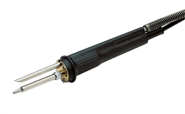 The image shows a soldering iron with a black handle and two metallic tips. The iron also has a spiral holder that secures the cable.