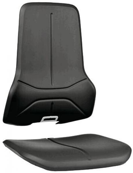 The image shows a black car seat, consisting of a separate backrest and a seat base. The shapes are simple and modern with gentle lines.