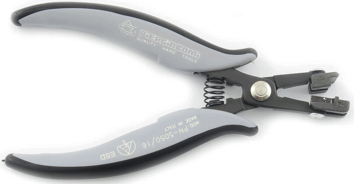 The image shows a pair of pliers with gray handles and a silver spring mechanism. The pliers have a pointed front end suitable for fine work.