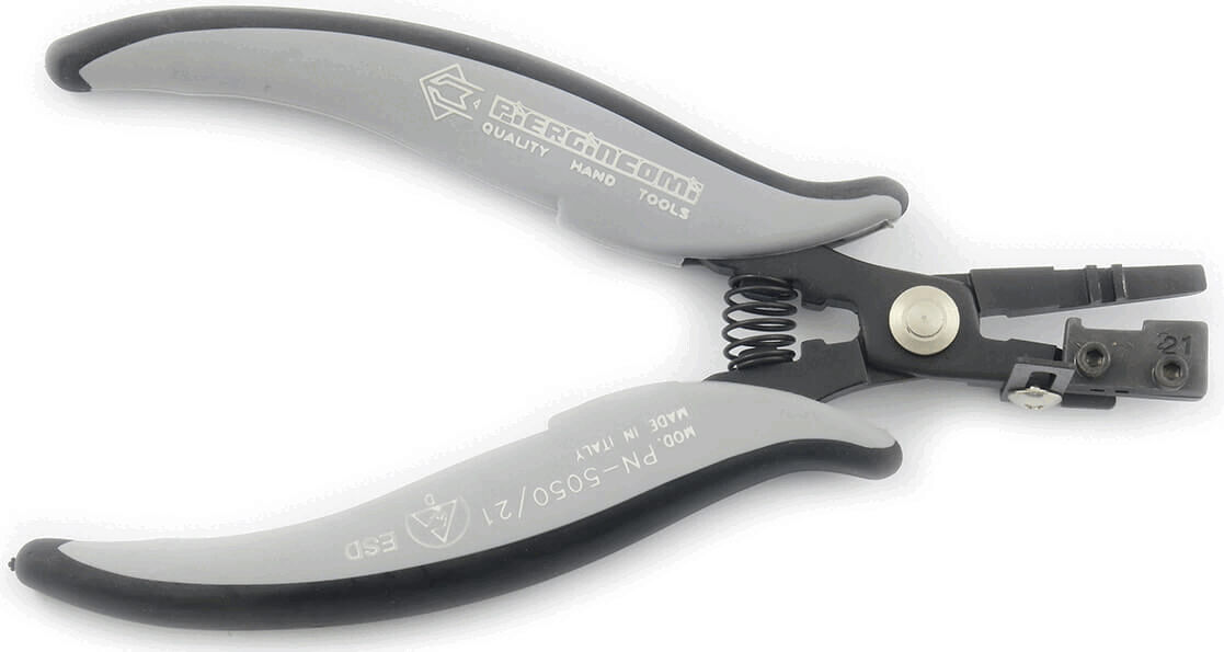 The image shows a gray pliers with a spring-loaded opening mechanism. The pliers have a sturdy handle with a non-slip surface and are designed for precise tasks.