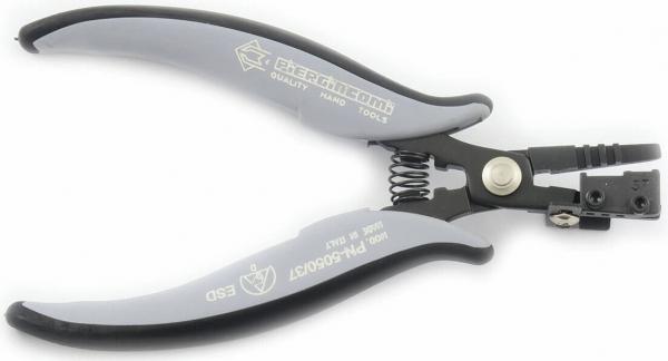 This is a pair of pliers with gray, ergonomic handles and a black metal head. It has a spring in the middle area and a small slot for cutting or stripping wires.