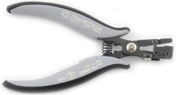 The image shows a special pair of pliers with gray, ergonomic handles. It has a metal tip and an integrated spring that facilitates opening. Ideal for precise tasks.