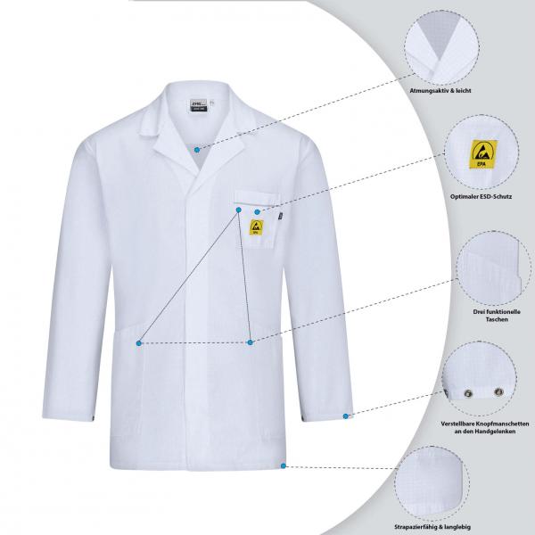 The image shows a white coat with a collar and long sleeves. On a chest pocket, labels and symbols for features such as breathability, antistatic properties, and washability are displayed.