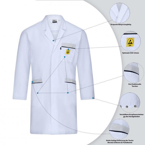 The image shows a white lab coat with long sleeves. It features a chest pocket with a yellow warning symbol and two side pockets. The coat is functional and dirt-resistant.