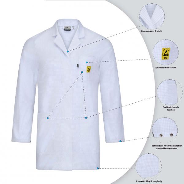 The image shows a white lab coat with a classic collar. There is a small logo on the chest, and it has large pockets. Details of the materials and features are displayed.