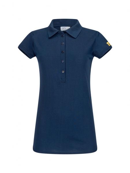 The image shows a dark blue polo shirt with short sleeves. It features a classic collar, a button placket, and a small logo on the sleeve. The material appears light and casual.