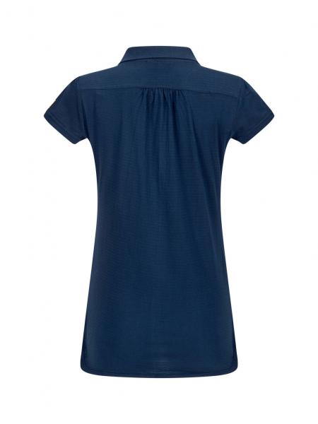 The image shows a dark blue polo shirt with short sleeves. It features a pointed collar and a slightly gathered back section. The fabric appears smooth and casual.