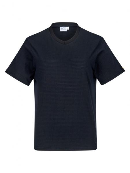 The image shows a black V-neck t-shirt with short sleeves. It has a simple, straight fit and a textile structure. The design is simple and timeless.