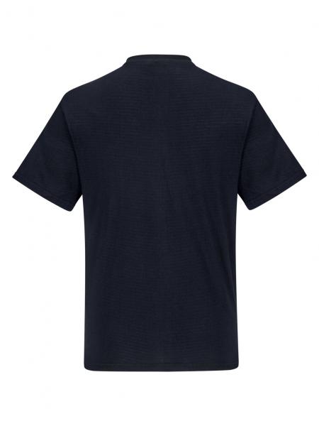 The image displays a simple, black T-shirt from the back. It features short sleeves, a round neckline, and a straight cut without any special embellishments.