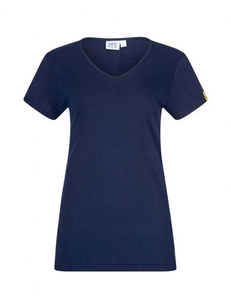 The image shows a dark blue V-neck t-shirt with short sleeves. It has a simple, straight cut and is made from soft fabric.