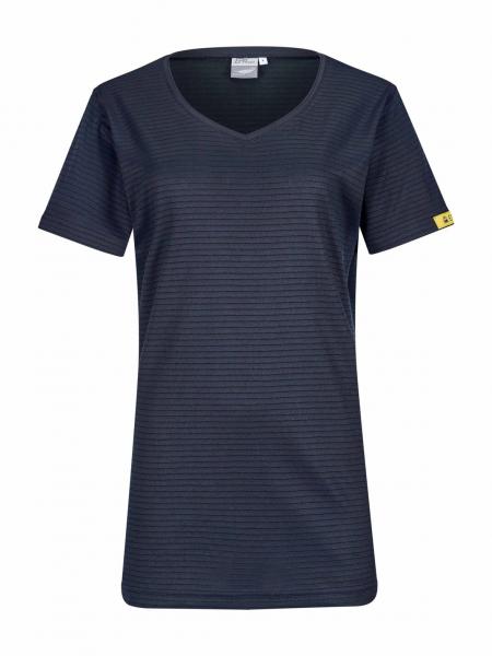 The image shows a dark blue T-shirt with short sleeves and a V-neck. It features fine, horizontal stripes and a small yellow logo on the left sleeve.