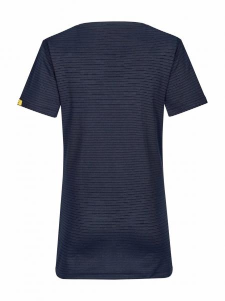 The image shows a dark blue, striped T-shirt with a wide neckline and short sleeves. On the left side, a small yellow emblem is visible.