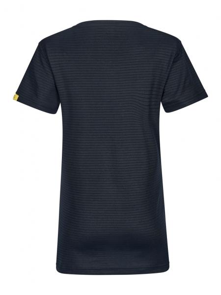 The image shows a dark blue T-shirt in a simple, straight cut. It has short sleeves and a round neckline. There is a small yellow label on the left shoulder.