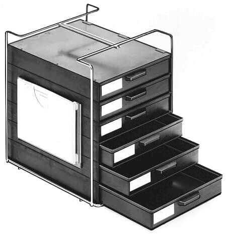 The image displays a black shelving unit with multiple drawers. It features five pull-out drawers at the bottom and an open area on the side. There are handles on the top for opening.