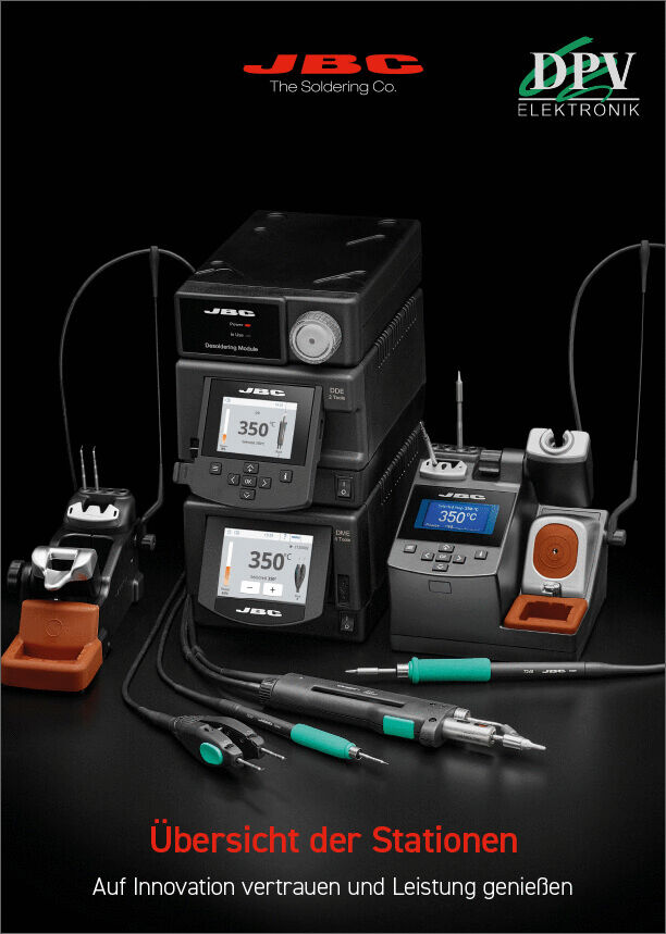 The image displays several JBC brand soldering stations. They are black with digital displays. Next to them are soldering irons and accessories. The text emphasizes innovation and performance.