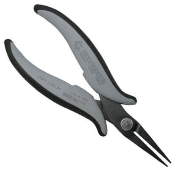 The image shows a pair of pliers with long, pointed jaws. The handles are ergonomically designed, in black and gray, and allow for a firm grip. Ideal for precise tasks.