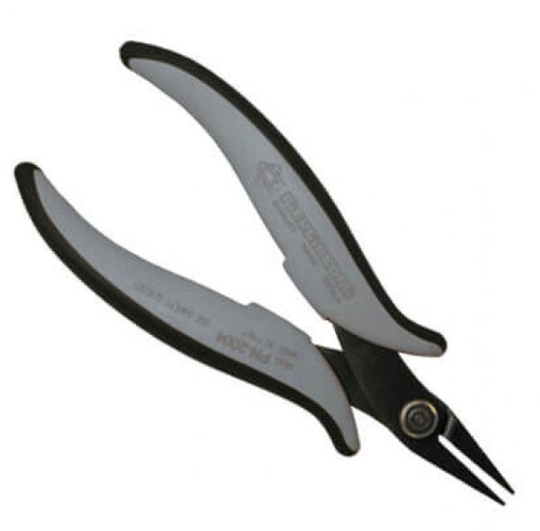 The image shows a pair of pliers with long, narrow cutting surfaces. The grip areas are ergonomically designed and made of gray rubber with black accents.