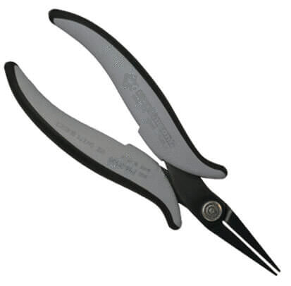 The image shows a pair of pliers with long, pointed jaws. The handles are ergonomically shaped and have a gray, non-slip surface. It appears sturdy and precise.