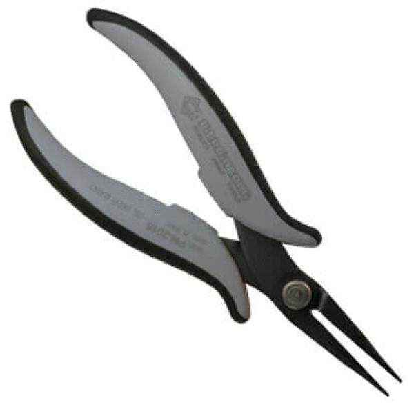 The image shows a pair of pliers with long, narrow tips. The handles are ergonomically designed, gray with a black rubber coating. It is suitable for precise cutting tasks or gripping small objects.