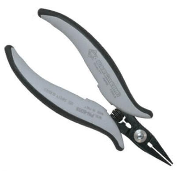 The image shows a pair of pliers with long, narrow jaws. The handles are ergonomically shaped, gray with black rubber elements for additional grip. The pliers have a shiny, metallic surface.