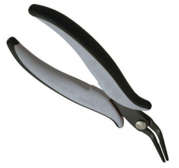 The image shows a pair of pliers with black handles and a silver, pointed working surface. The pliers have a slim shape and are suitable for gripping or bending.