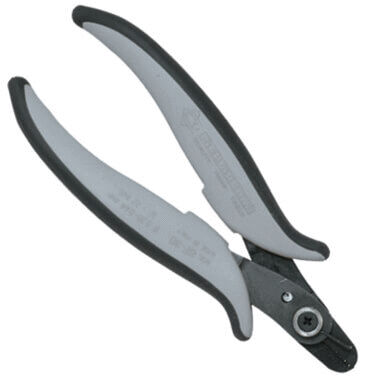 The image shows a pair of pliers with long, curved handles. The handles are partly black and partly gray. The pliers are designed for precise work, especially for cutting.