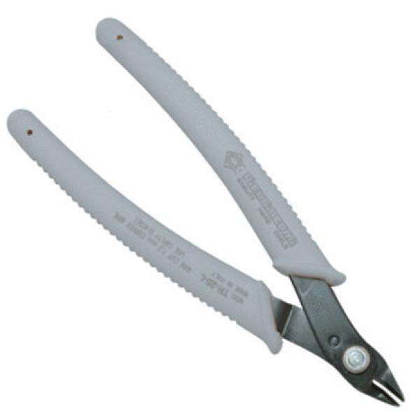 The image shows a pair of pliers with gray, non-slip handles and a narrow, pointed cutting edge made of dark metal. It is suitable for cutting fine materials.