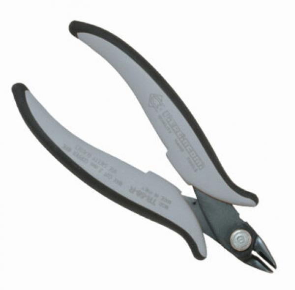 The image shows a pair of pliers with rounded, gray handles and a narrow, shiny blade. It is designed for precise cutting or gripping.