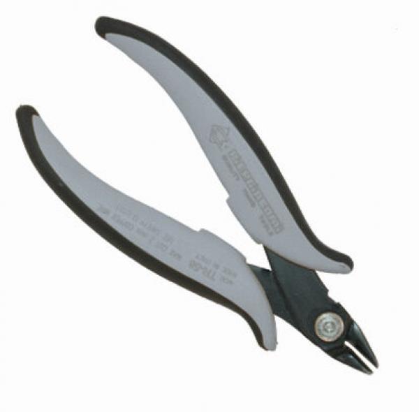 The image shows a pair of pliers with gray, ergonomic handles and a black cutting edge. It is handy and used for precise work, e.g., in electronics.