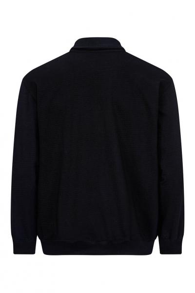 The image shows the rear view of a black polo shirt with a collar and long sleeves. It has a simple, classic cut without any conspicuous details.